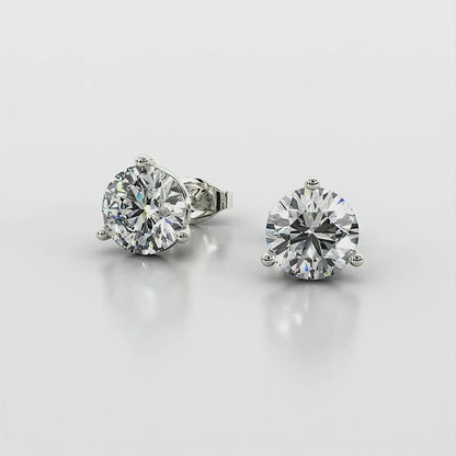 Three Prong Martini Round Diamond Stud Earrings in Silver