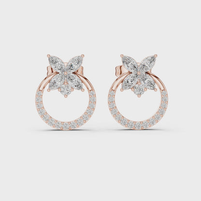 Petal Floral Marquise & Round Diamond Stud Earrings in Rose Gold