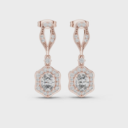 Iris Halo Oval & Round Diamond Drop Earrings in Rose Gold