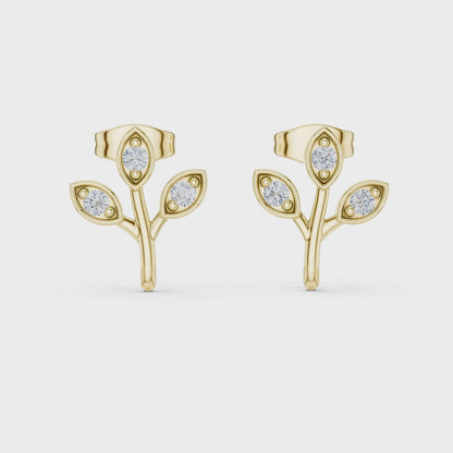 Whispering Leaf Round Diamond Stud Earrings in Yellow Gold