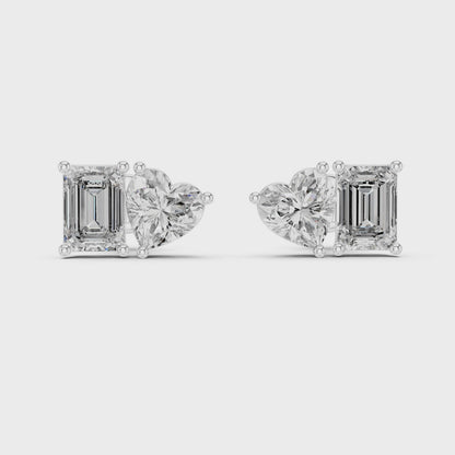 Eden Emerald & Heart Diamond Stud Earrings in Silver