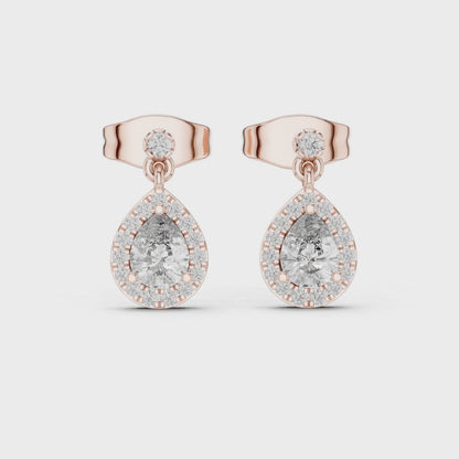Celeste Halo Pear & Round Diamond Drop Earrings in Rose Gold