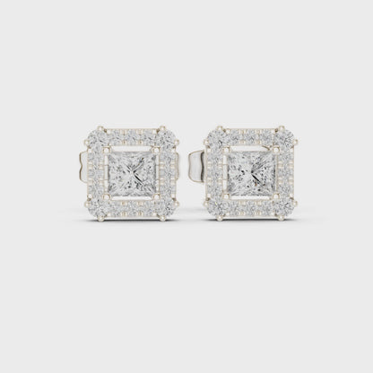 Stella Halo Princess & Round Diamond Stud Earrings in Silver