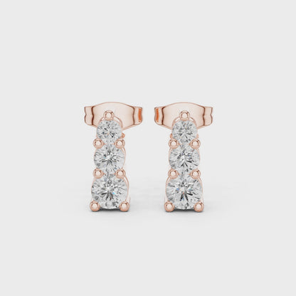 Celeste Three-Stone Round Diamond Stud Earrings in Rose Gold
