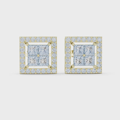 Modern Symmetry Princess & Round Diamond Stud Earrings in Yellow Gold