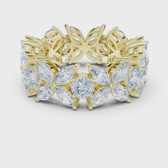 Petal Floral Marquise & Round Diamond Eternity Band in Yellow Gold