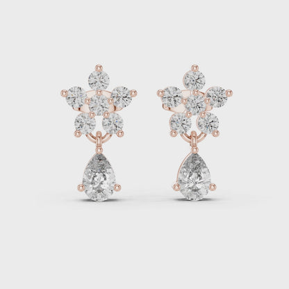 Petal Cluster Pear & Round Diamond Drop Earrings in Rose Gold