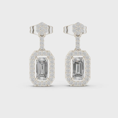 The Deco Flora Emerald & Round Diamond Drop Earrings in Silver