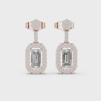 The Deco Flora Emerald & Round Diamond Drop Earrings in Rose Gold
