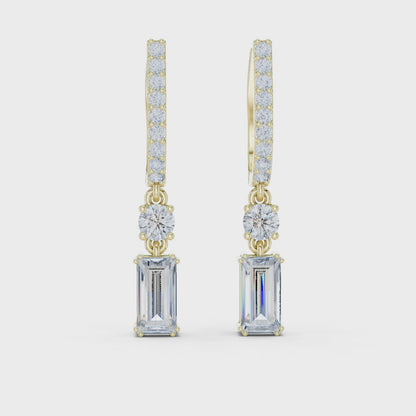 Luminous Huggie Emerald & Round Diamond Drop Earrings in Yellow Gold