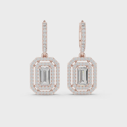 Majestic Deco Huggie Emerald & Round Diamond Drop Earrings in Rose Gold