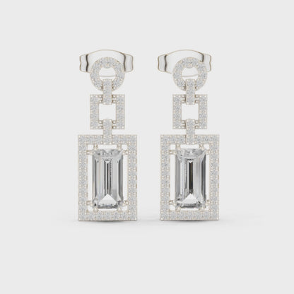 Structural Halo Emerald & Round Diamond Drop Earrings in Silver