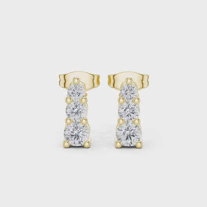Celeste Three-Stone Round Diamond Stud Earrings in Yellow Gold