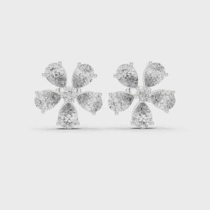 Petal Floral Pear & Round Diamond Cluster Earrings in Platinum