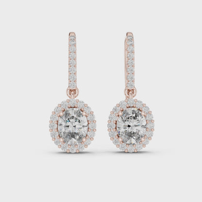 Aurora Halo Oval & Round Diamond Drop Earrings in Rose Gold
