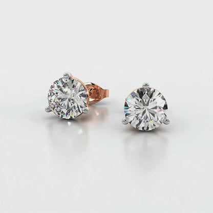 Three Prong Martini Round Diamond Stud Earrings in Rose Gold