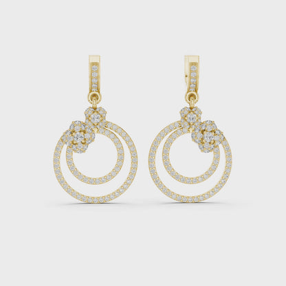Bloom Floral Round Diamond Dangle Earrings in Yellow Gold