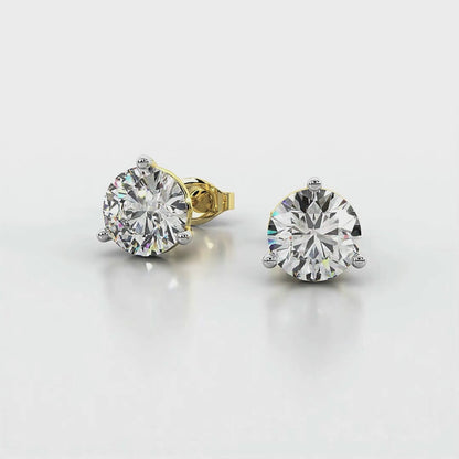 Three Prong Martini Round Diamond Stud Earrings in Yellow Gold