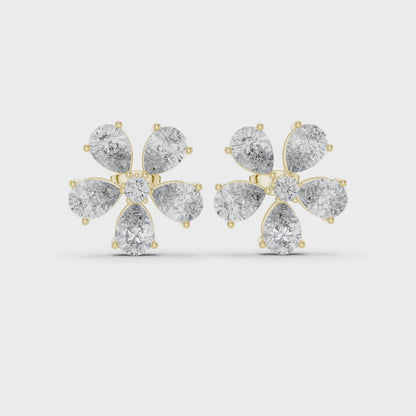 Petal Floral Pear & Round Diamond Cluster Earrings in Yellow Gold