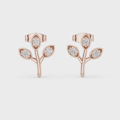 Whispering Leaf Round Diamond Stud Earrings in Rose Gold