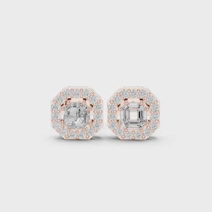 Heritage Step-Cut Asscher & Round Diamond Stud Earrings in Rose Gold