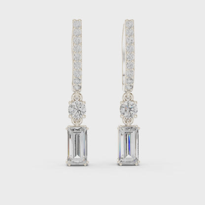 Luminous Huggie Emerald & Round Diamond Drop Earrings in Silver