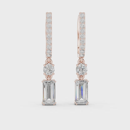 Luminous Huggie Emerald & Round Diamond Drop Earrings in Rose Gold
