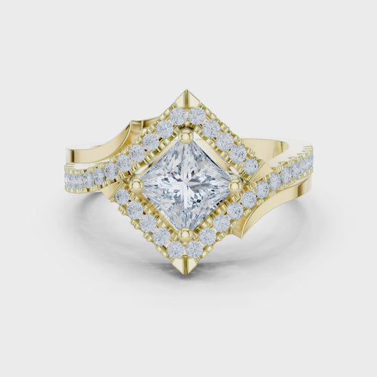Juno Bypass Princess & Round Diamond Engagement Ring in Yellow Gold