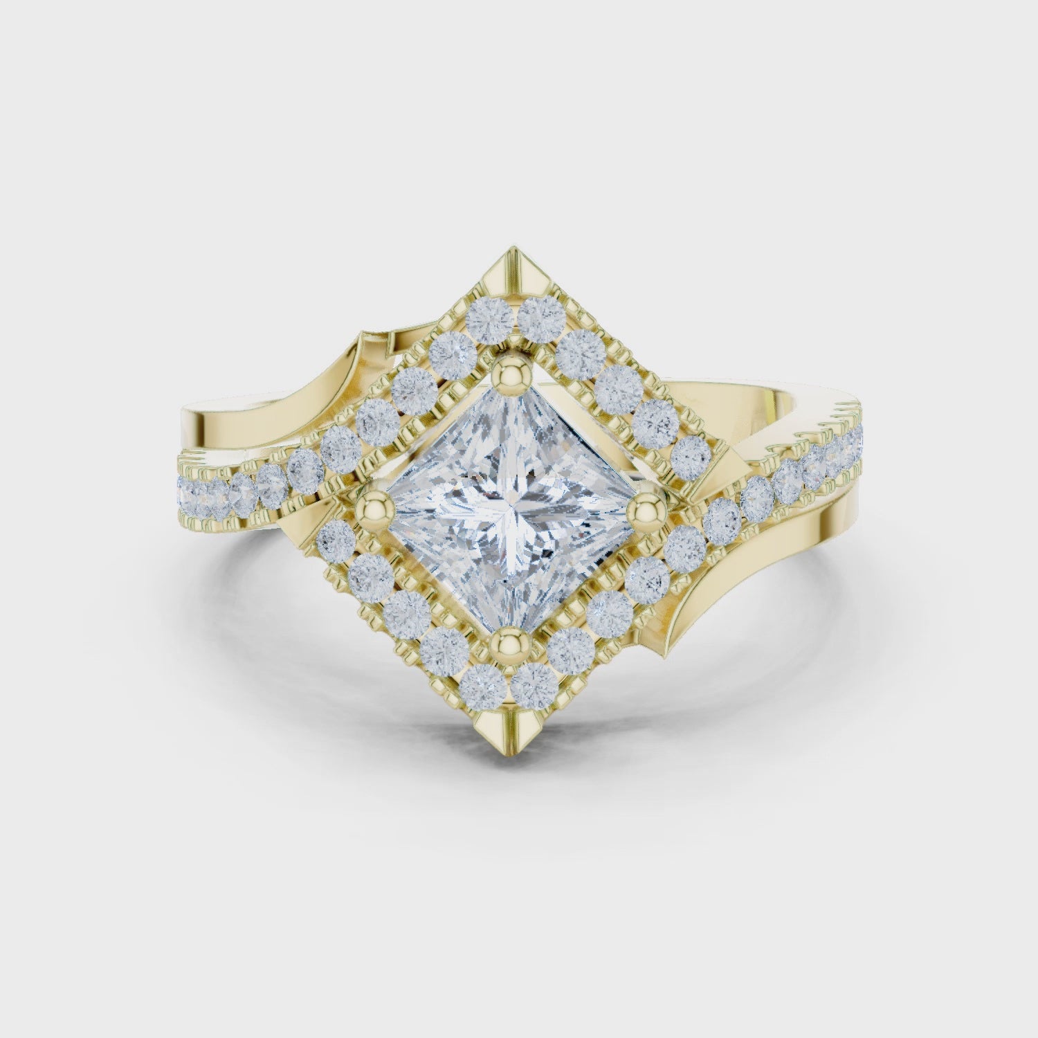 Juno Bypass Princess & Round Diamond Engagement Ring in Yellow Gold