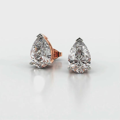 Three Prong Pear Diamond Stud Earrings in Rose Gold