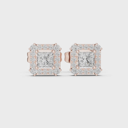 Stella Halo Princess & Round Diamond Stud Earrings in Rose Gold