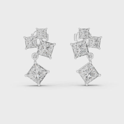 Crest Cluster Princess Diamond Dangle Earrings in Silver