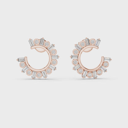Celestial Orbit Half-Hoops Emerald & Round Diamond Earrings in Rose Gold
