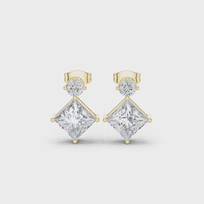 Luna Princess & Round Diamond Drop Earrings in Yellow Gold