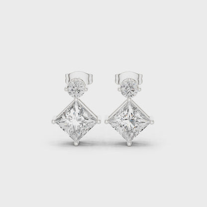 Luna Princess & Round Diamond Drop Earrings in Silver