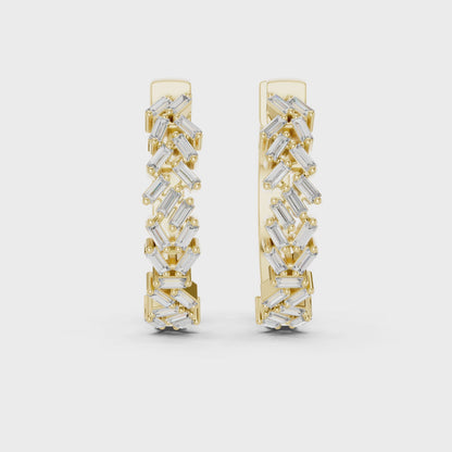 Chevron Baguette Emerald Diamond Hoop Earrings in Yellow Gold