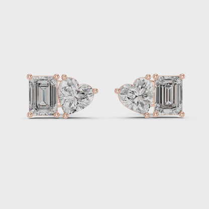 Eden Emerald & Heart Diamond Stud Earrings in Rose Gold