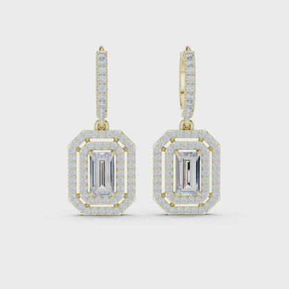 Majestic Deco Huggie Emerald & Round Diamond Drop Earrings in Yellow Gold