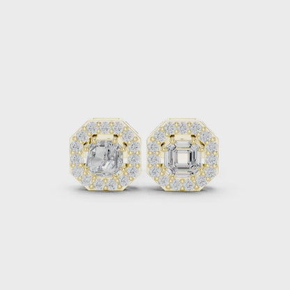 Heritage Step-Cut Asscher & Round Diamond Stud Earrings in Yellow Gold