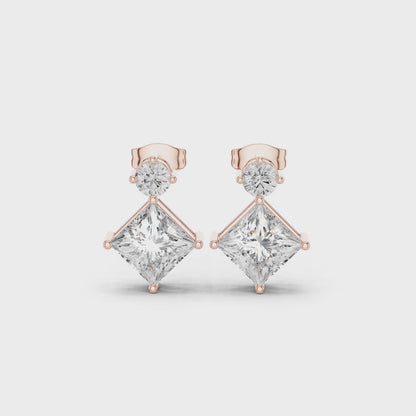 Luna Princess & Round Diamond Drop Earrings in Rose Gold