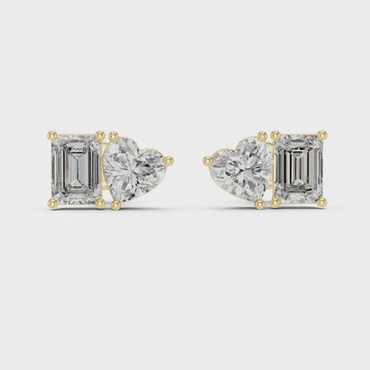 Eden Emerald & Heart Diamond Stud Earrings in Yellow Gold