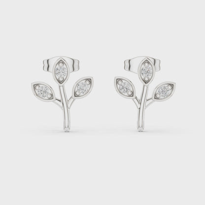 Whispering Leaf Round Diamond Stud Earrings in Silver