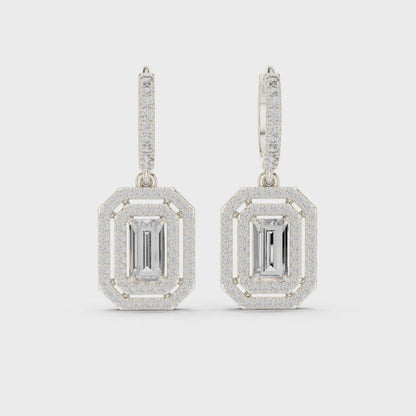 Majestic Deco Huggie Emerald & Round Diamond Drop Earrings in Silver