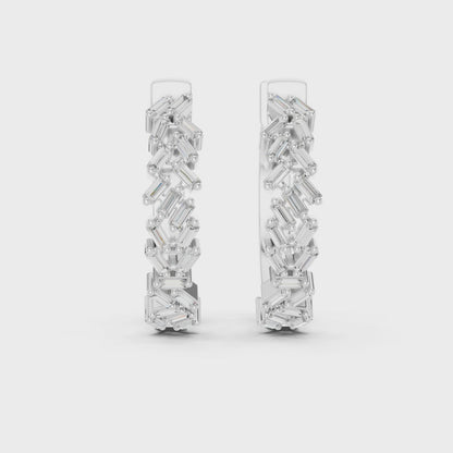 Chevron Baguette Emerald Diamond Hoop Earrings in Silver