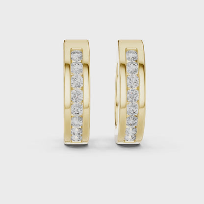 Crest Channel Round Diamond Huggie Hoop Earrings in Yellow Gold