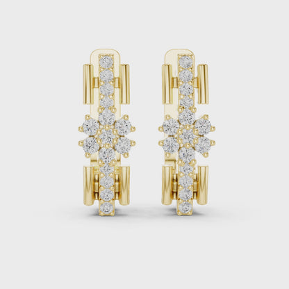 Bloom Floral Round Diamond Huggie Hoop Earrings in Yellow Gold