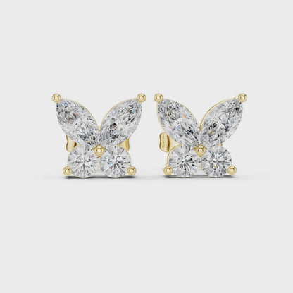 Moissanite Papillon Marquise & Round Diamond Stud Earrings in Yellow Gold