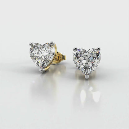 Three Prong Heart Diamond Stud Earrings in Yellow Gold