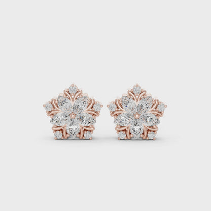 Subtle Floral Marquise & Round Diamond Stud Earrings in Rose Gold