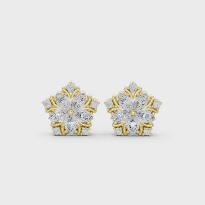 Subtle Floral Marquise & Round Diamond Stud Earrings in Yellow Gold